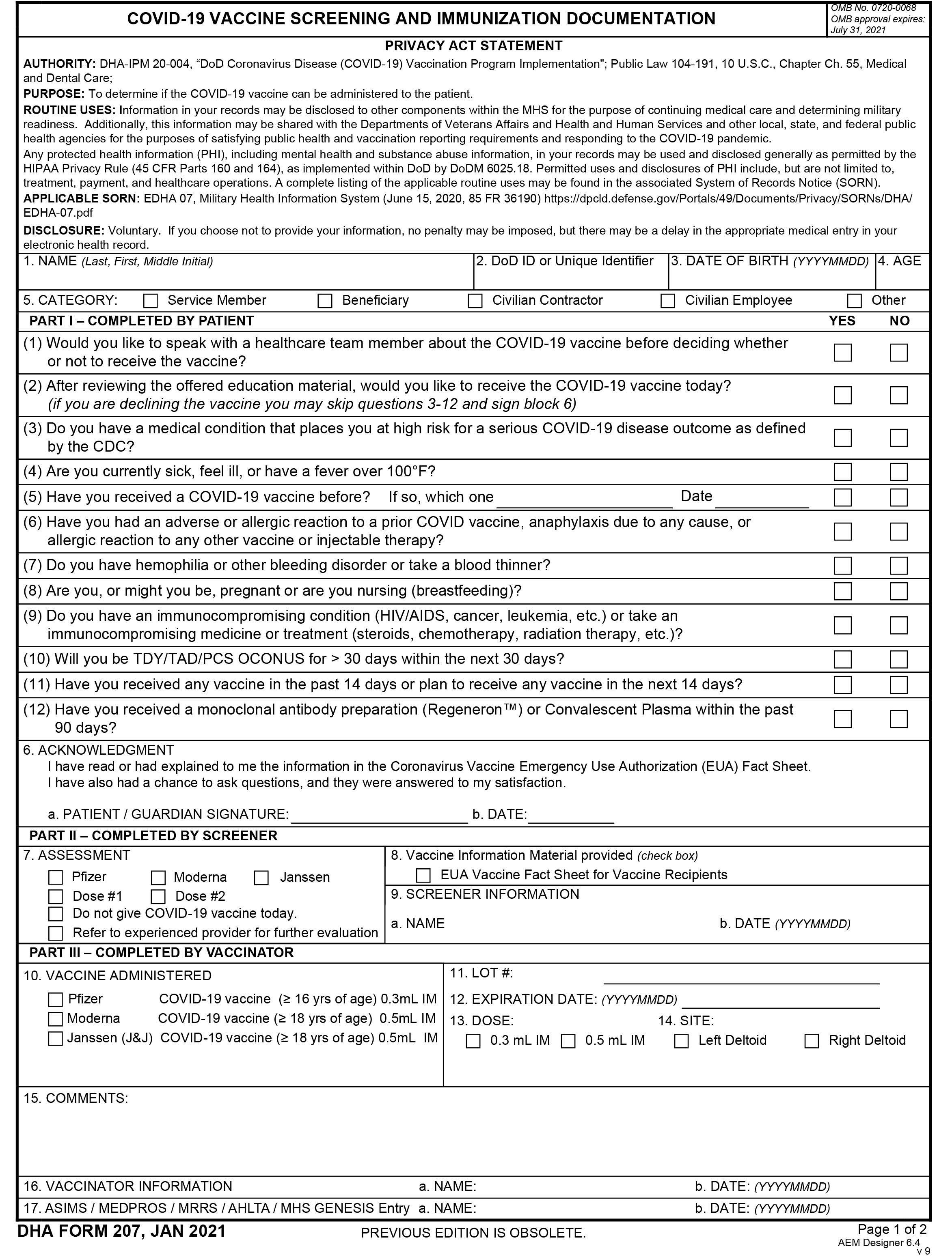 COVID VACCINE Pre-Screening Form